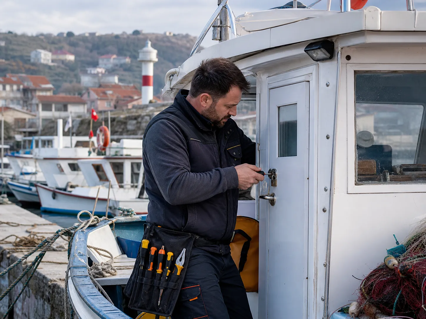 Anadolu Feneri Balıkçı Barınağı içinde tekne kilidi değiştiren çilingir